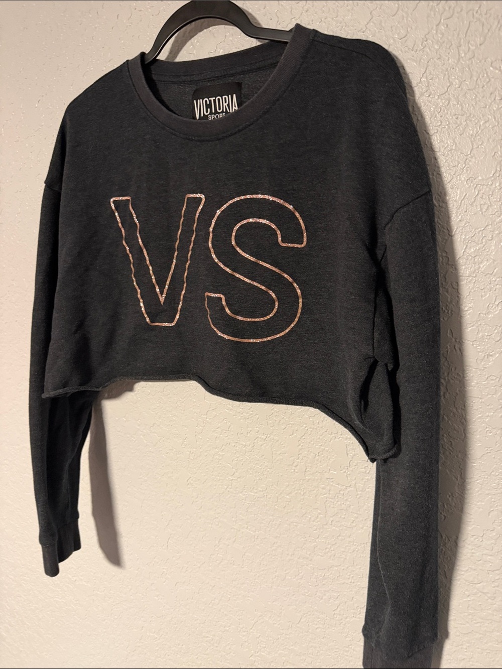 Victoria Sport Black Cropped Sweatshirt with Rose Gold VS Detail